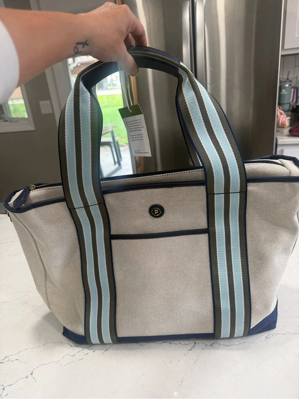 Paravel Medium Cabana Tote Cream Blue Canvas Stripe Travel Beach Market  NWT